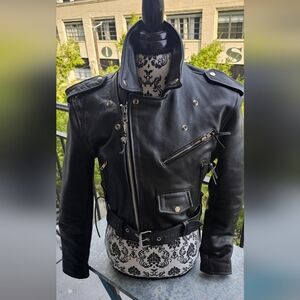 FIRST Manufacturing Black Leather Moto Biker Jacket | Asym Zip Belted